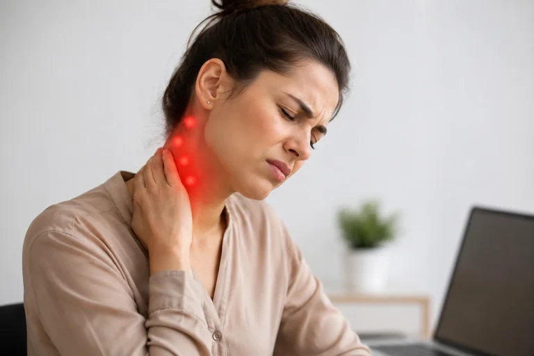 Persona con dolor de cuello trabajando frente a la computadora