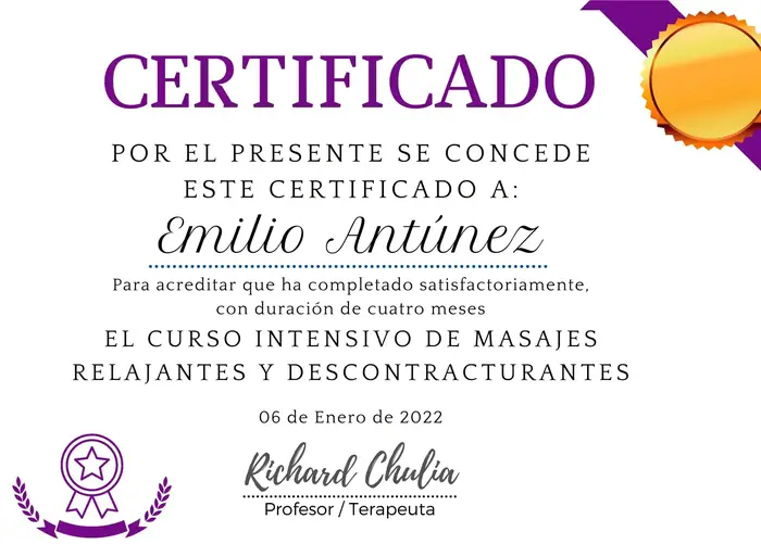 Certificado de formación profesional en técnicas de masaje de Emilio Antúnez